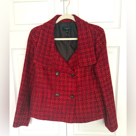 Talbots Tweed Burgundy/Orange/Black Lined Wool Blend Peacoat Jacket-Size 14P - Picture 1 of 12